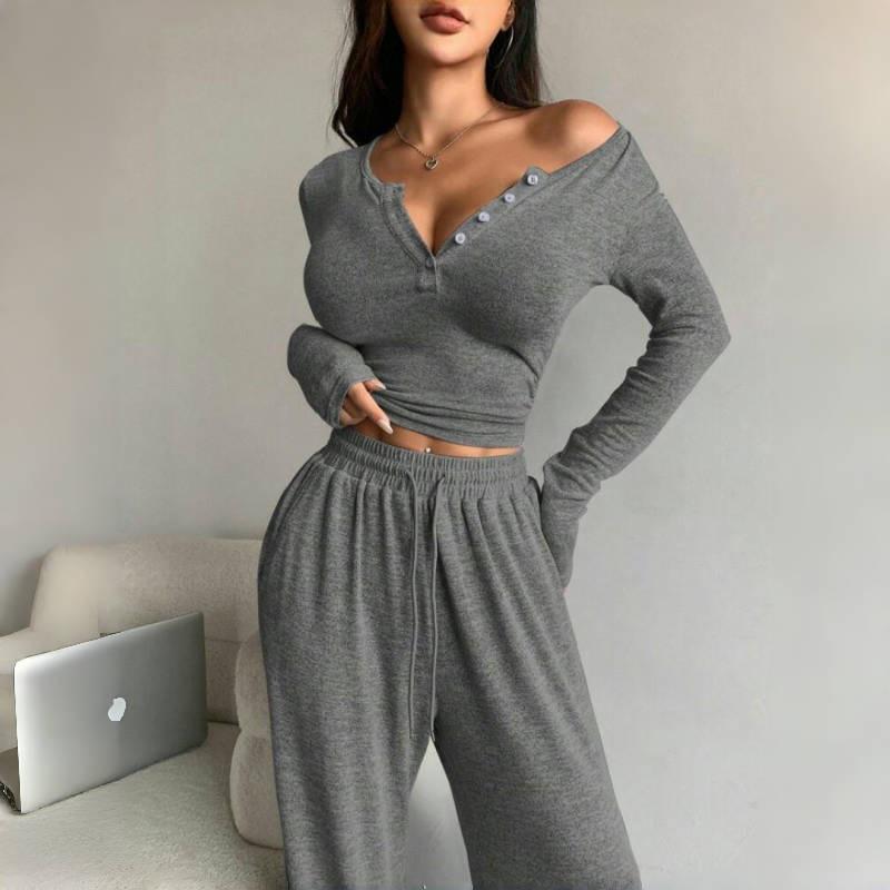 Autumn/Winter Slimming V-neck Wide Leg Long Sleeve Women's Jumpsuit Set