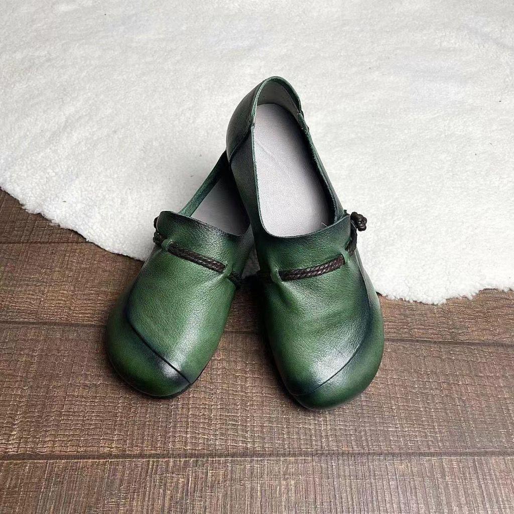 Läderskor Dam vår och höst Enstaka färger Bekväm mjuk botten runt spänne Platt hälspänne Retro mångsidiga skor