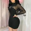 Feminine Sense Fashion Elegant Dress Women Sexy Mesh Sleeve Lace Stitching Mini Dress