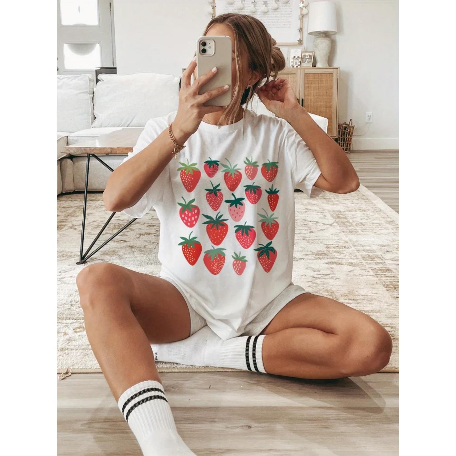 Cute Strawberry Chic Crew Neck Tee Soft Cotton Micro Elasticity Relaxed Fit Casual Short Sleeve Top Womens Fashion Clothing S