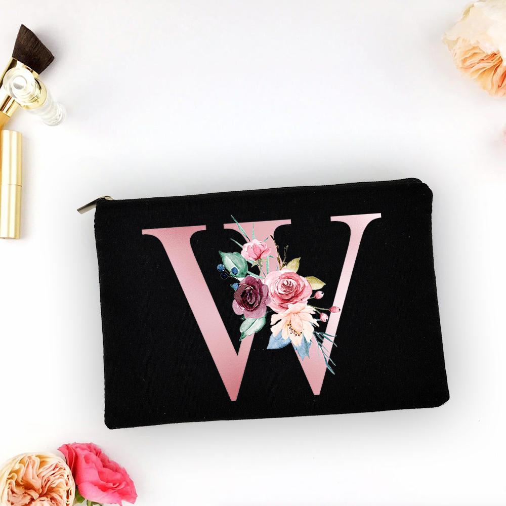 Pink Alphabet Flower A-Z Makeup Bag Make Up Pouch Women Shopping Travel Cosmetic Storage Lipstick Bags Large Capacity Organizer