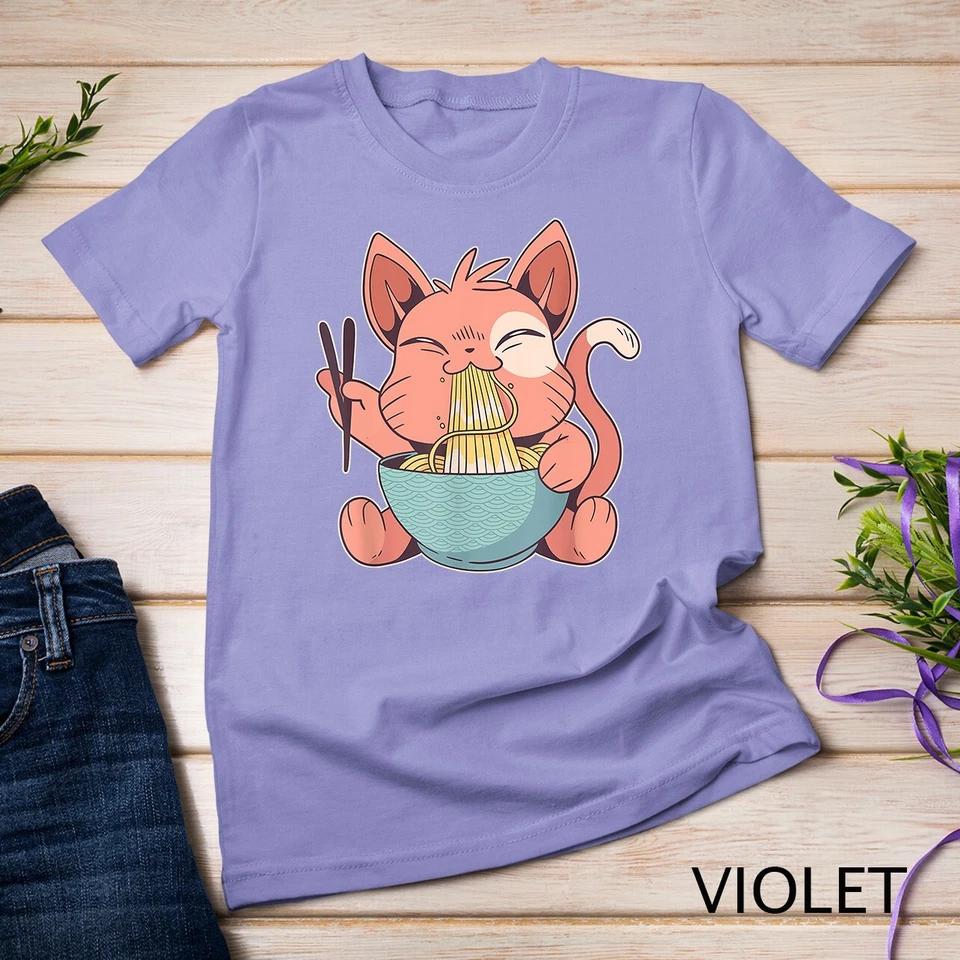 Cute Anime Cat Eating Ramen Japanese Kawaii Style T-Shirt Unisex T-shirt 11 L