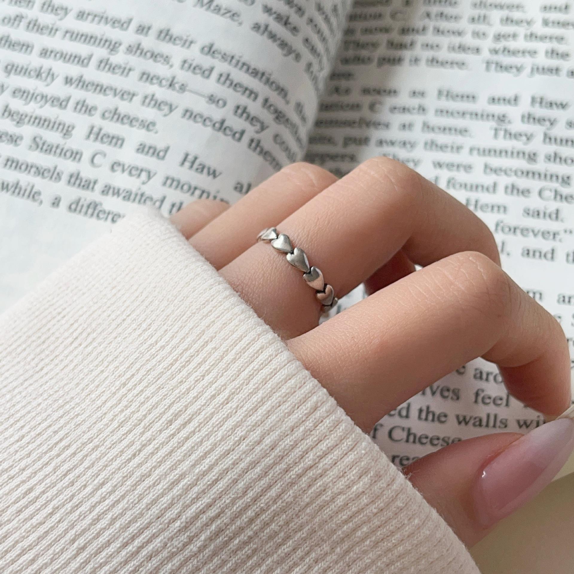 Retro Heart Chain Hollow Open Ring for Women Adjustable Open Ring