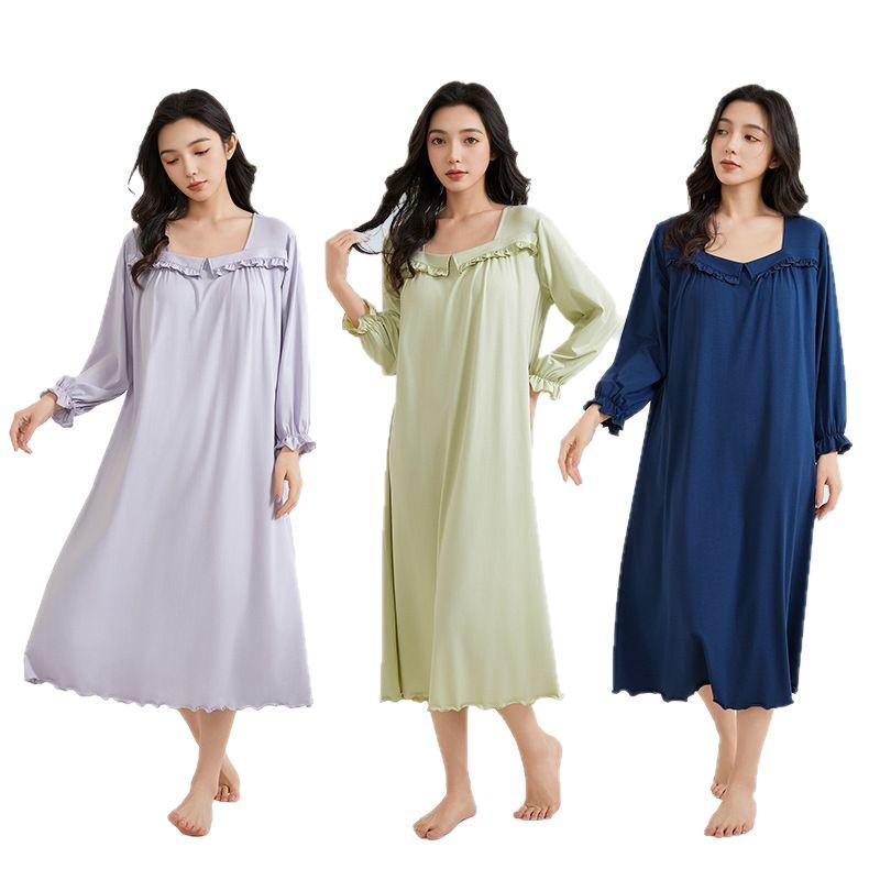 Plus Size Tencel Cotton Pajamas with Bra Pads: Summer Long Sleeve Cooling Nightgown for Women