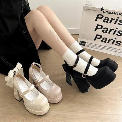 Plataforma Tacones Altos Moda Tiras Cruzadas Zapatos Mary Jane para Mujer Primavera Otoño Lazo Suela Gruesa Bombas Lolita Zapatos de Vestir para Dama