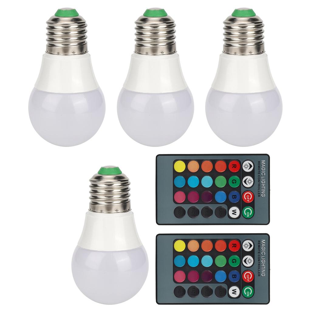 4pcs E27 RGB LED Light Bulbs Colorful Decorating Lamp with 2 Remote Controls 3W AC85‑265V