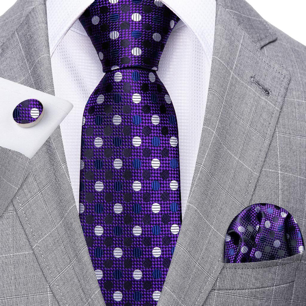 Barry.Wang Necktie Hankerchief Cufflinks Set Purple Blue Black Dots Jacquard Woven Wedding