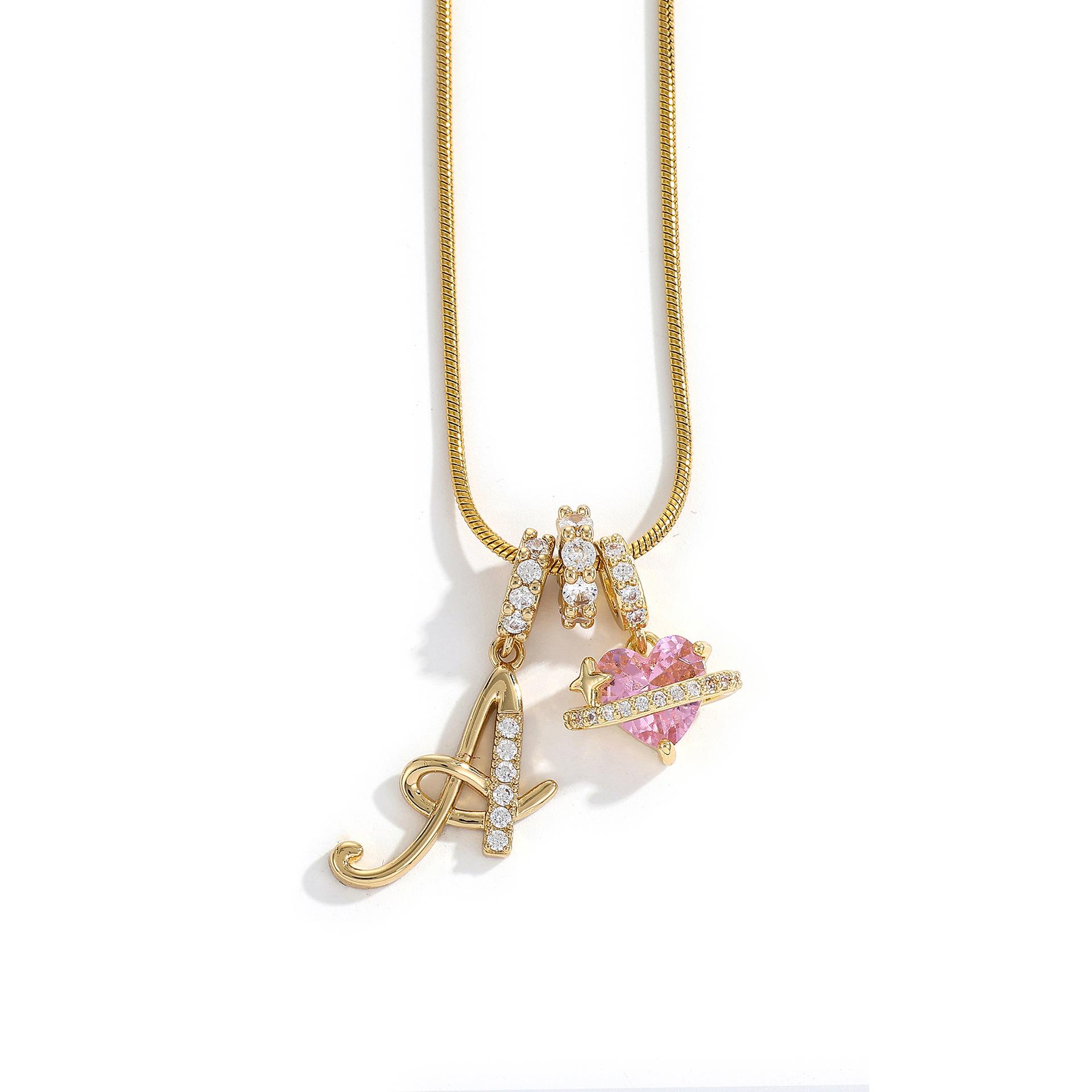 Gold S Letter Initial Necklace - Pink Zircon Flower Dainty Snake Chain for Women pink heart