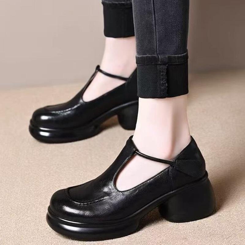 Autumn New High-heeled T-buckle Mary Jane Small Leather Shoes Women's Thick-heeled Thick-soled Casual Versatile Light-mouth Single Shoes