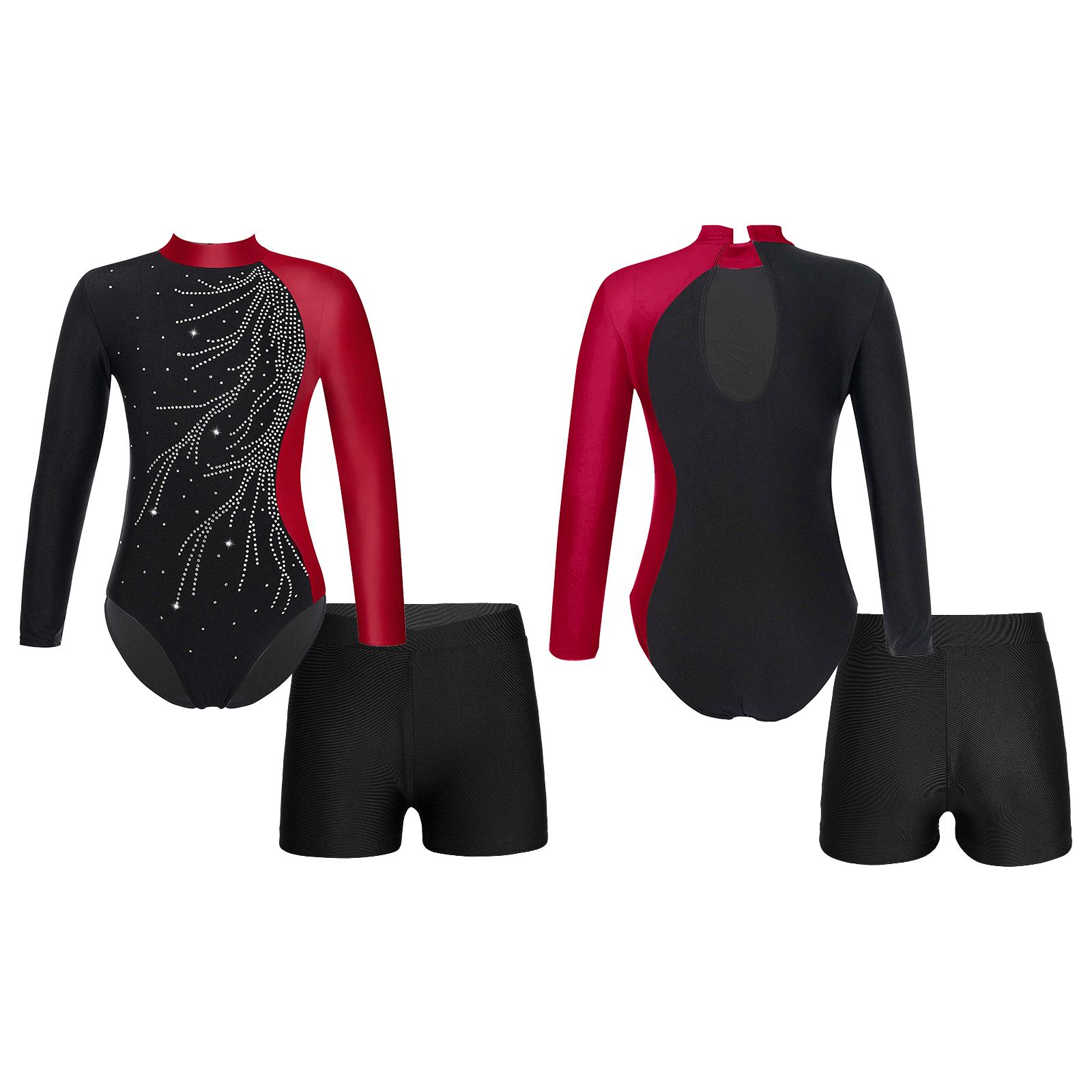 Kinder-Mädchen-Langarm-Gymnastik-Trikot mit Shorts-Set, 2-teiliges Outfit, Glitzer-Tanz-Ganzanzug, Biketards 11-12 Years