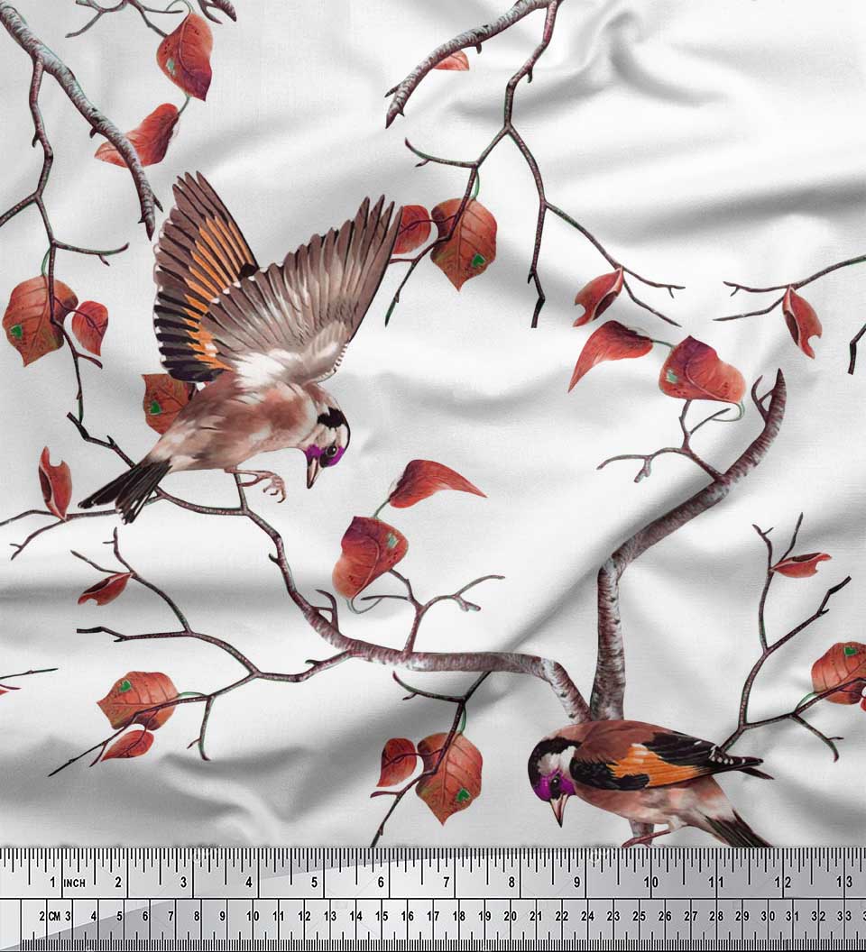 

Soimoi Black Poly Crepe Fabric Dry Leaves & American Gold Finch Bird Print Тканина від The ​​Yard 42 дюйма 42 Inch Wide - Poly Crepe білий