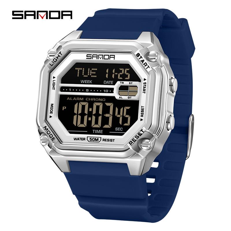 Sanda Men s Multifunctional Waterproof Digital Sports Watch with Large Dial, Stopwatch, Countdown Timer, and Alarm.