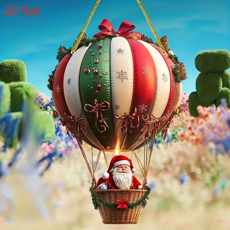 

2D Flat Santa Claus and Hot Air Balloon Acrylic Hanging Decoration - Snowflake Fun Winter Scene, Green and Red Ribbon Decoration, Ac 20*12cm