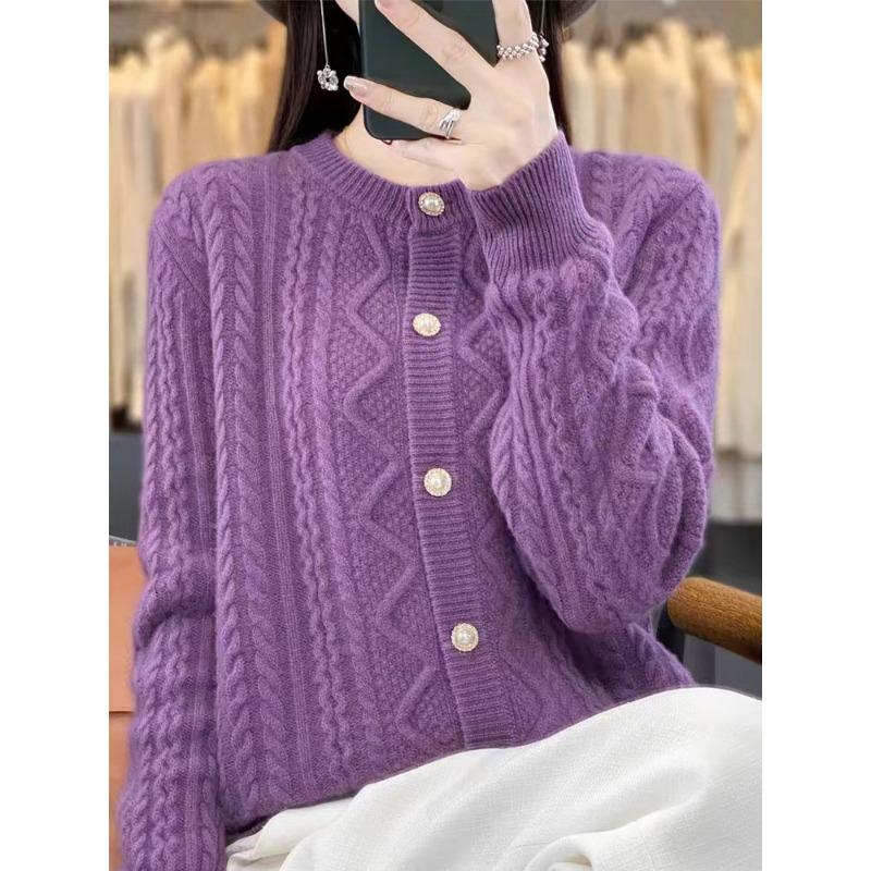 Spring new high-end crew neck twist sweater jacket long-sleeved stand-up neck solid color knitted cardigan women's top