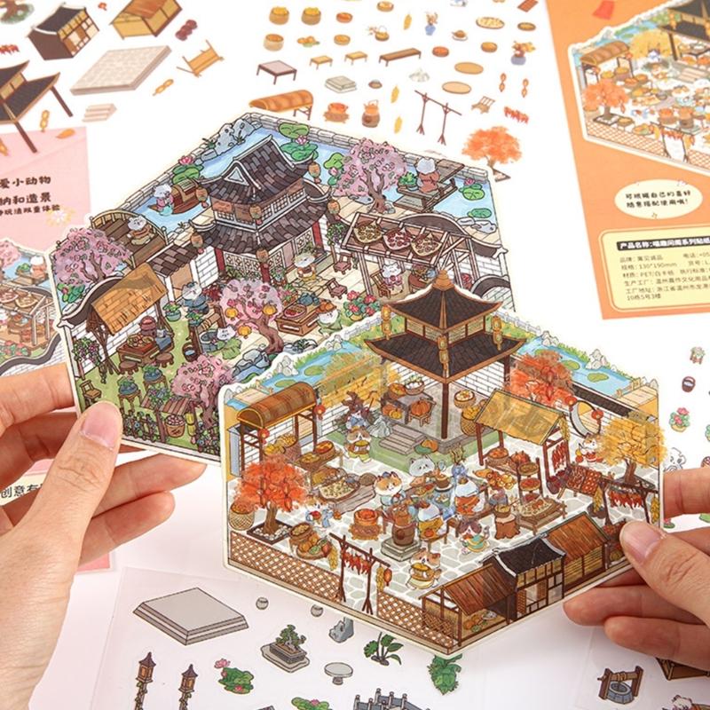 Retro Courtyard Decorative Sticker Chinese Style Landscape Sticker 3D Scene Sticker Journal Supplies Gift for Kid Child