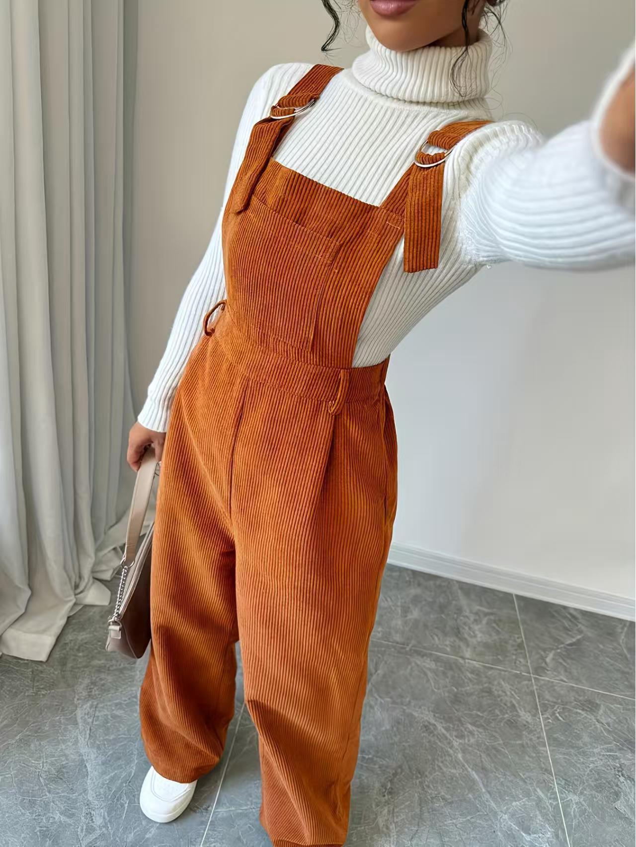 

2025 New Women s European and American Corduroy Loose Straight Leg Jumpsuit Overalls Medium