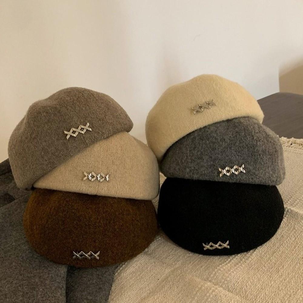 Metal Label Artist Cap Knitted Octagonal Cap Elegant Woolen Berets Party