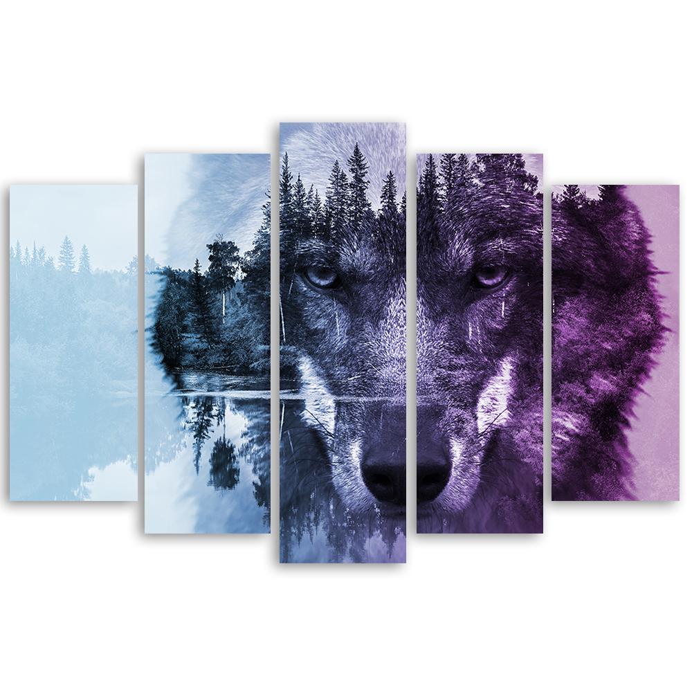 Five Piece Picture Canvas Print Wolf Animals Forest Purple
