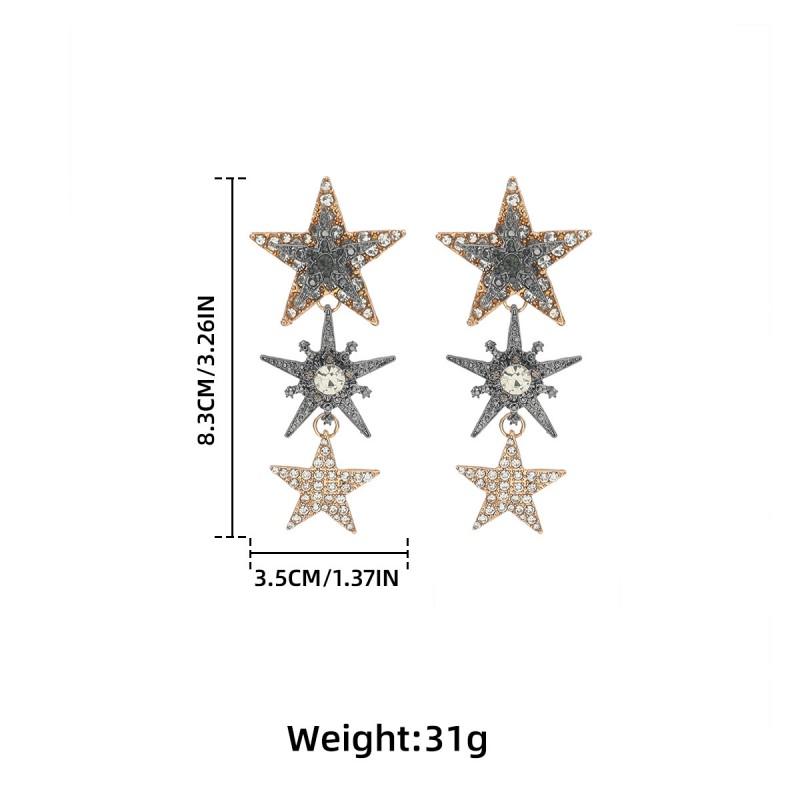 Layered Tassel Star Earrings With Rhinestone Accents Alloy Stud Drop Women Gold