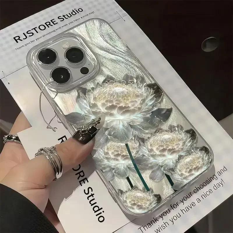 IPhone 11 13 14 15 16 Pro Max 7 8 14 15 Plus X XS Max XR 16e için Beş Altın Lotus Desenli Telefon Kılıfı Tüy Doku Sert Kapak