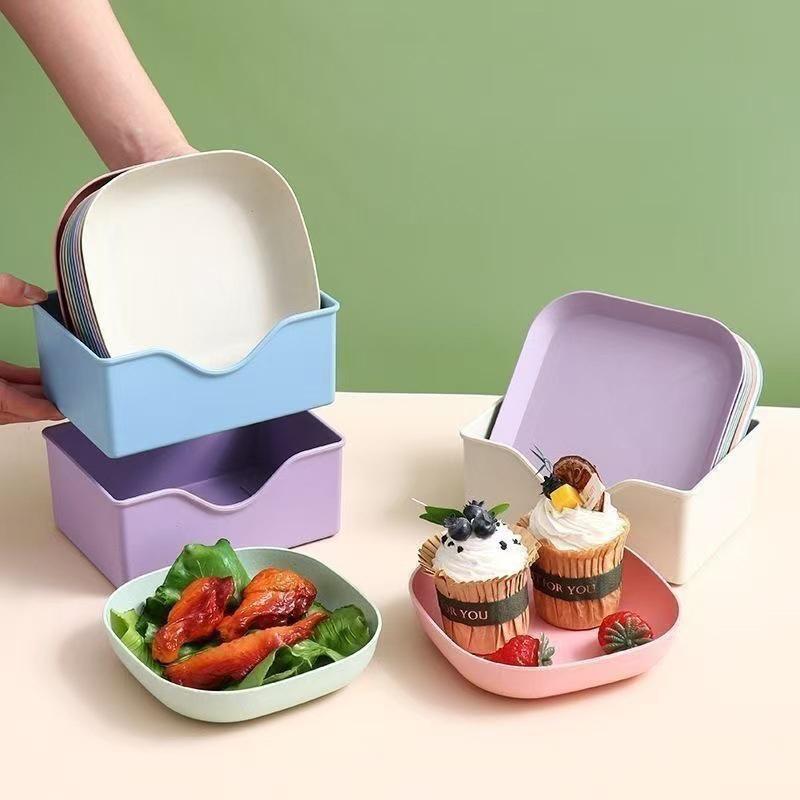 10Pcs Snack Plate Macaron Color Simple Straw Bone Spitting Plate Set Candy Fruit Cookie Cake Storage Tray Kitchen Accessories