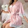 Women's Lace Faux Silk Bathrobe Casual Gown Loungewear