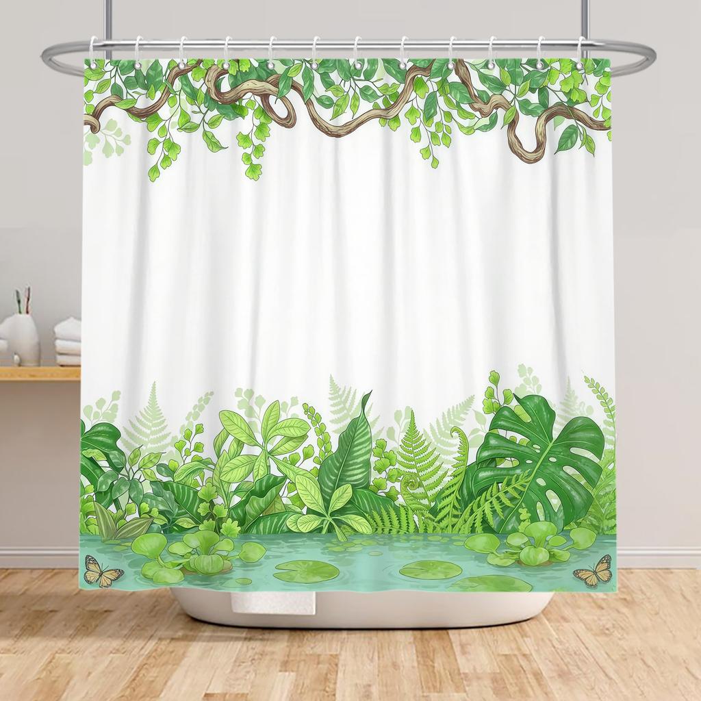 Badezimmer-Duschvorhang mit tropischem Pflanzenmotiv Grüne Blätter Lila Blumen Dekoration Wasserdichter Badezimmervorhang mit Haken
