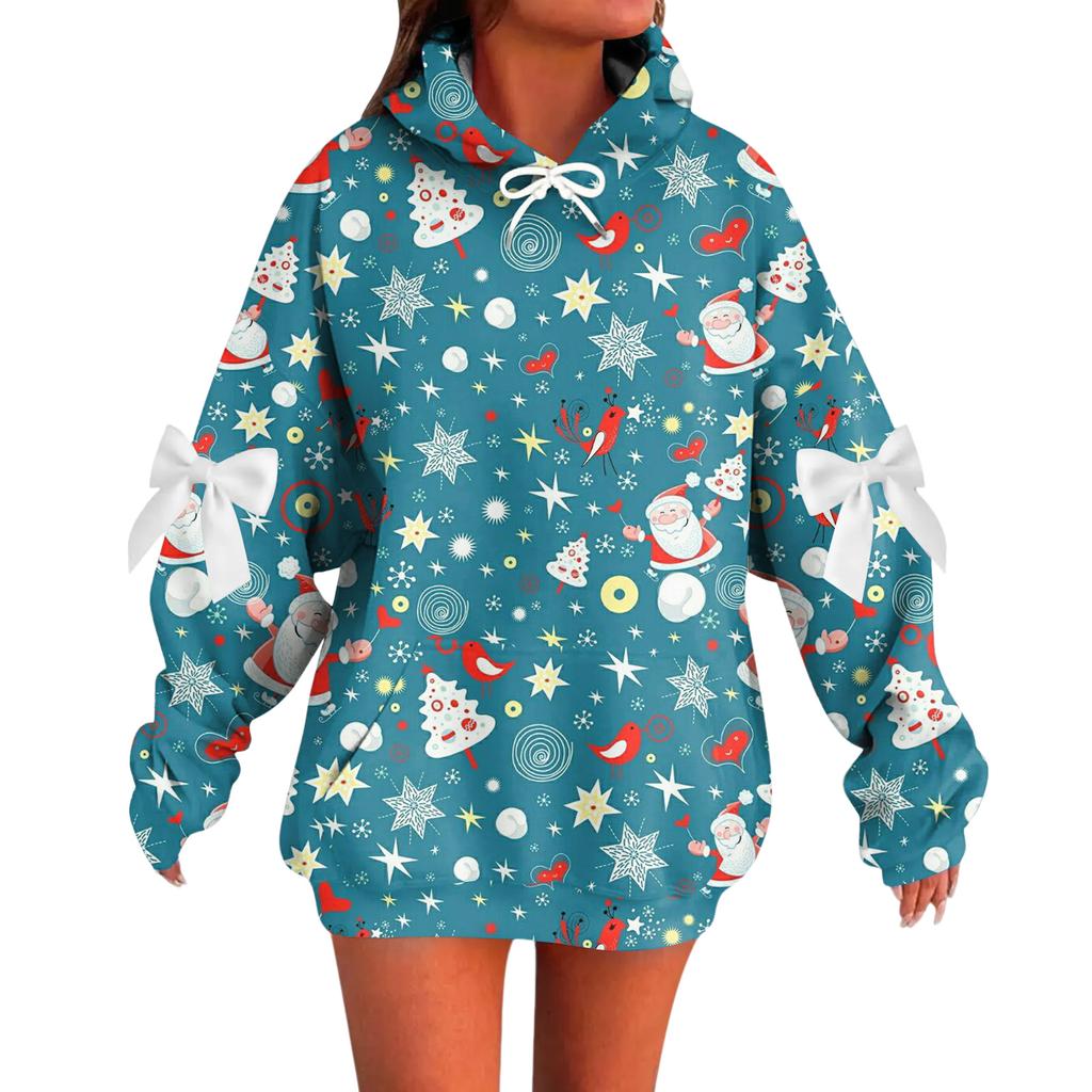 Ladies' Christmas Printed Bow Long Sleeved Loose Fitting Headband With Rope Hooded Sweatshirt Top