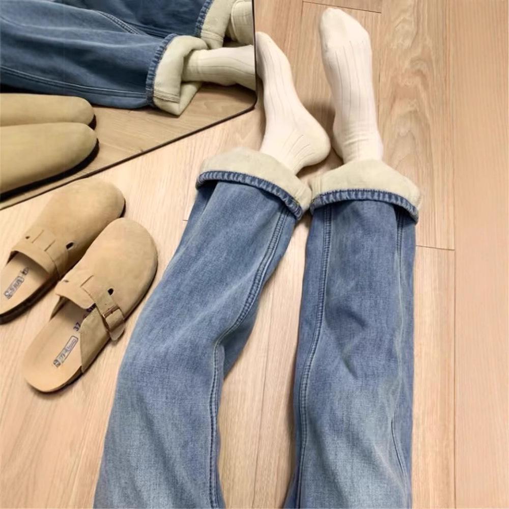 

Зима 2024 Джинсы прямого кроя с высокой посадкой на флисовой подкладке для женщин - Стройнящие, Свободная посадка для фигуры типа груша . S