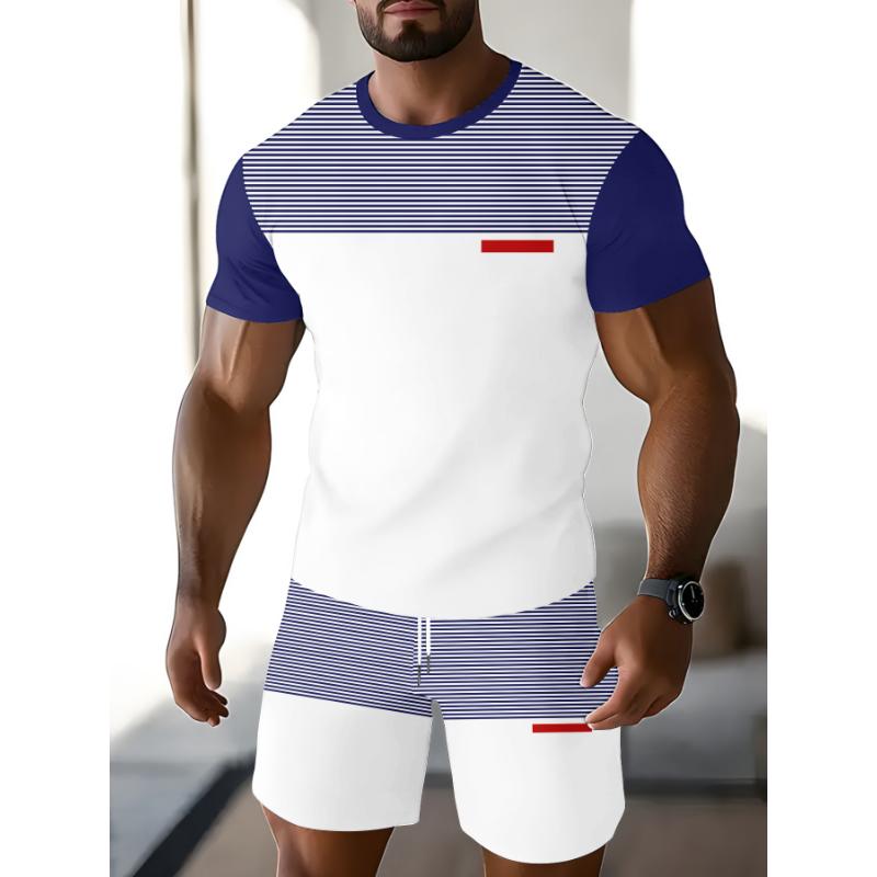 Men's Blue and Black Color-Blocked Suit T-Shirt with Geometric Line Print, Sporty and Trendy Two-Piece Set