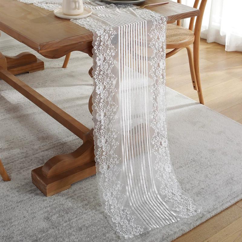 WTEMPO 1PC 38*140CM Retro Elegant Romantic White/Black Lace Table Flag Birthday Wedding Home Holiday Party Decor Table Cloth