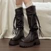 Retro versatile tassel lace-up thick-soled knight boots women's 2025 autumn new thin small fashion boots