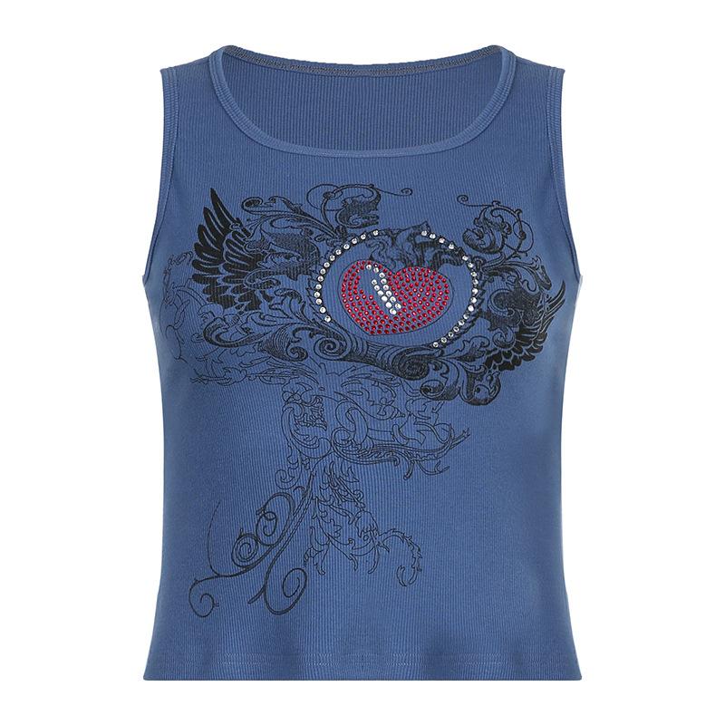 Y2k Cut Top Aesthetics Ενδύματα με μοτίβο Rhinestone Top Tank Top Μαύρο Rib Αμάνικο Tank Top
