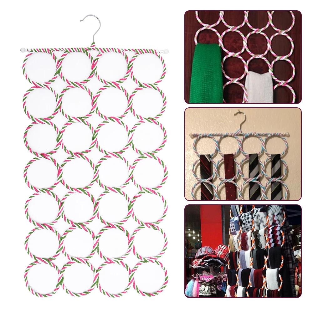 28 Holes Scarf Holder Foldable Tie Belt Hook Shawl Scarves Organizer Rattan Weave Hanger Wardrobe Storage Holder Display Rack