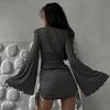 2024 Autumn Women's Fashion Bell Sleeve Drawstring Dress