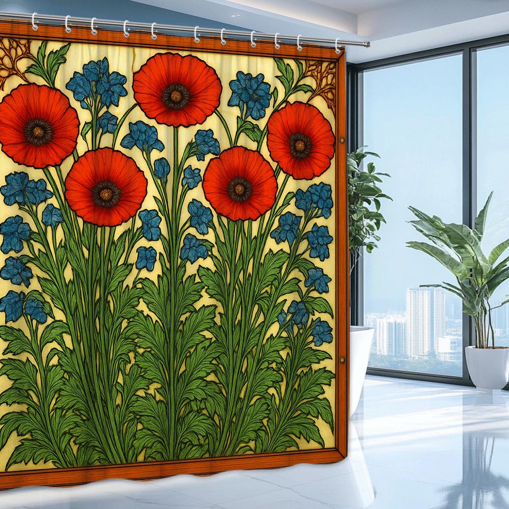 Art Nouveau Floral Shower Curtain Red Poppies And Blue Flowers Vintage Botanical Design Elegant Bathroom Decor Waterproof
