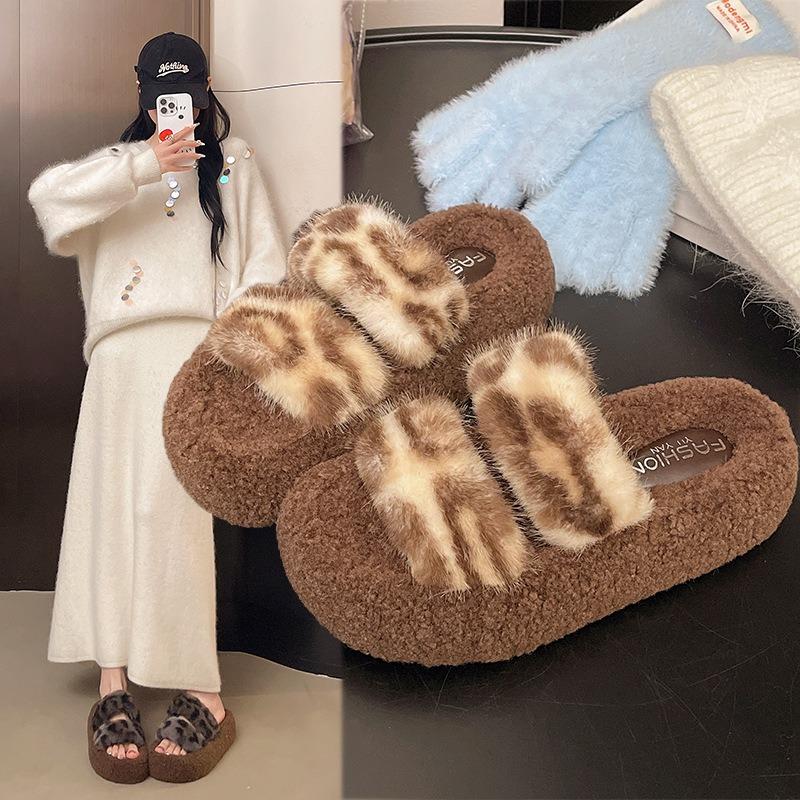 Thick-soled fluffy slippers wear new autumn and winter fashion trendy home plush cotton slippers women