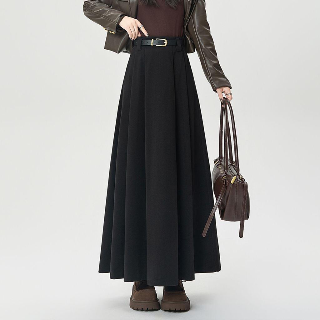 Women's High-Waist Wool Pleated A-Line Skirt - Autumn/Winter Mid-Length Swing Skirt