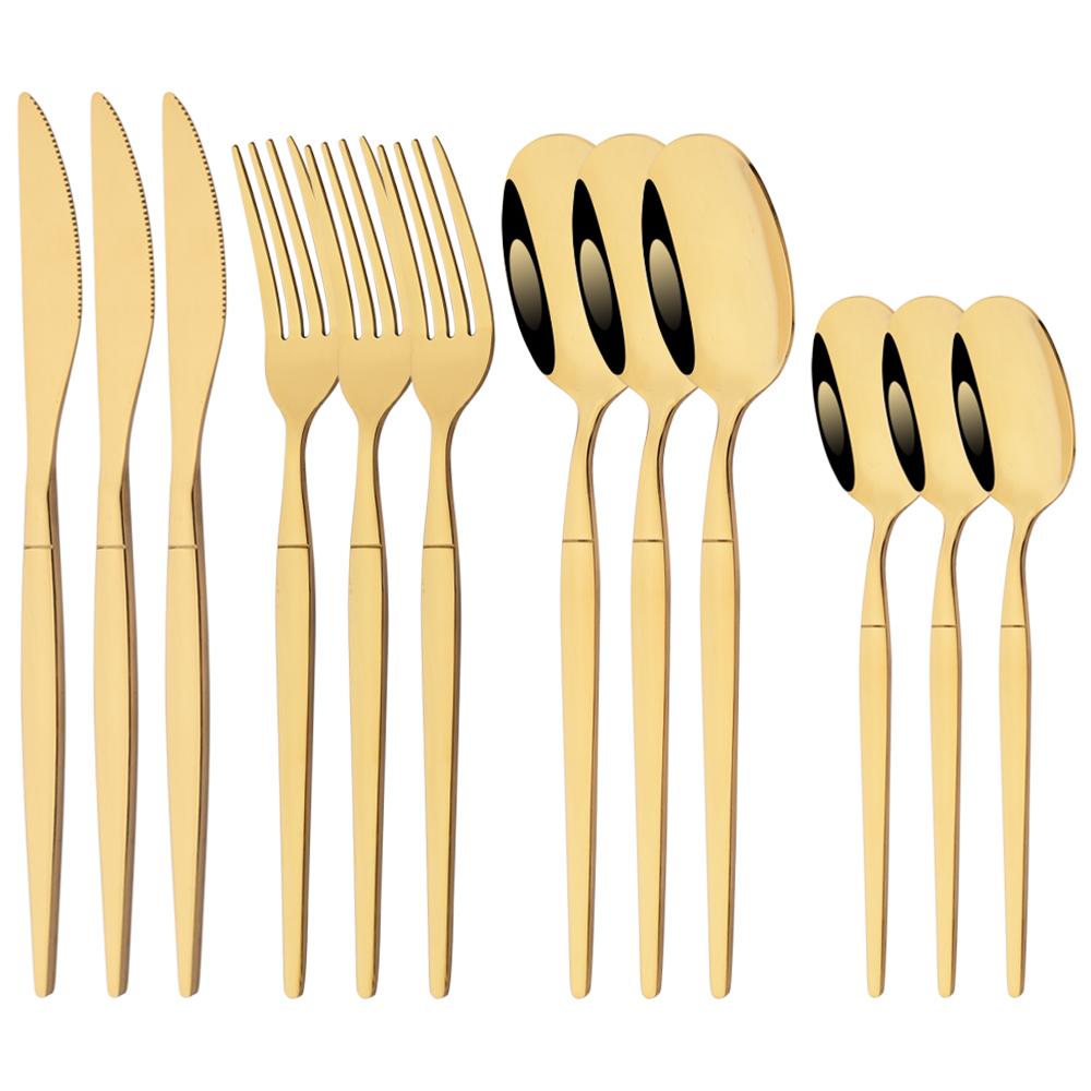12Pcs New Black Golden Dinnerware Set Stainless Steel Tableware Set Western Knife Fork Coffee Spoon Mirror Flatware Cutlery Set
