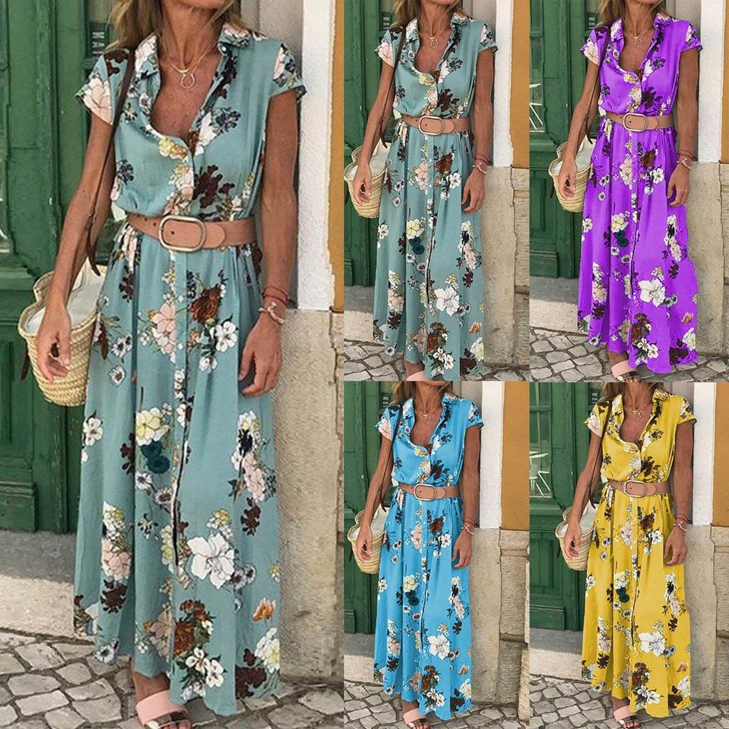 Women's Bohemian Retro Ethnic Printed Resort  V-neck Tie Button Long Dress