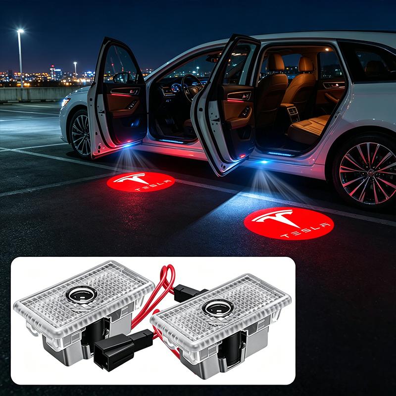 XLGJS1 2Pcs LED Car Door Emblem Light Welcome Lamp Laser Projector Styling for Tesla Model 3 Model X S Y 2016-2023 Model Y Decals TM3