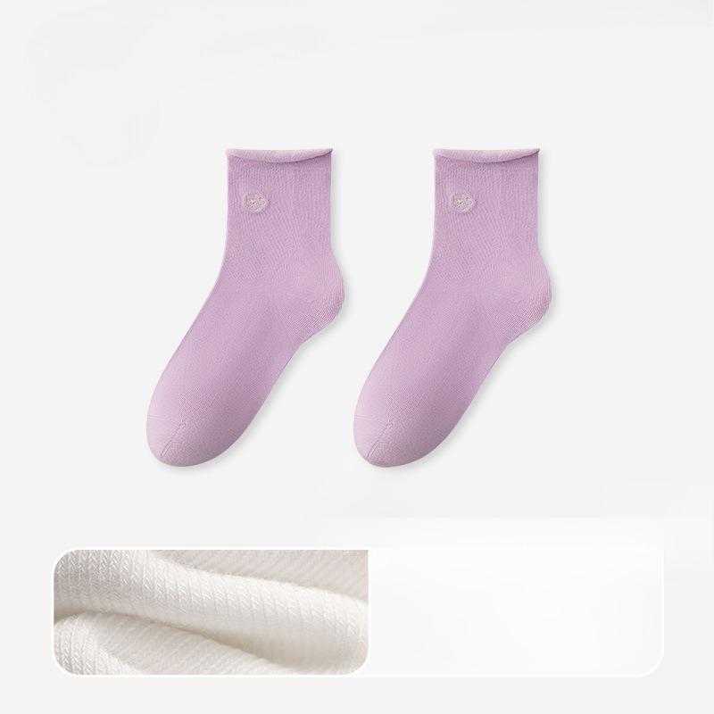

Female Autumn Lovely Flower Embroidery 10A Class Antibacterial Deodorant Roll Edge Loose Boneless Tube Socks 1 pair