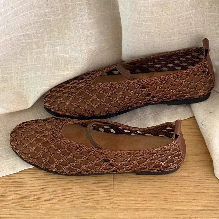 Sheepskin version~ High-end niche design, woven empty Mary Jane single shoes, women's flat-bottomed fishing nets, evening wind women's shoes