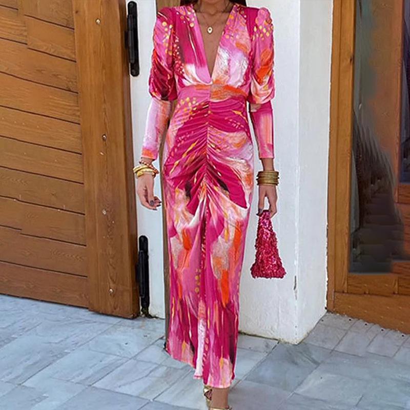 

Elegant V-neck Pleated Waist Dress - 2025 Spring/Summer Women s Fashion XXXL фуксія