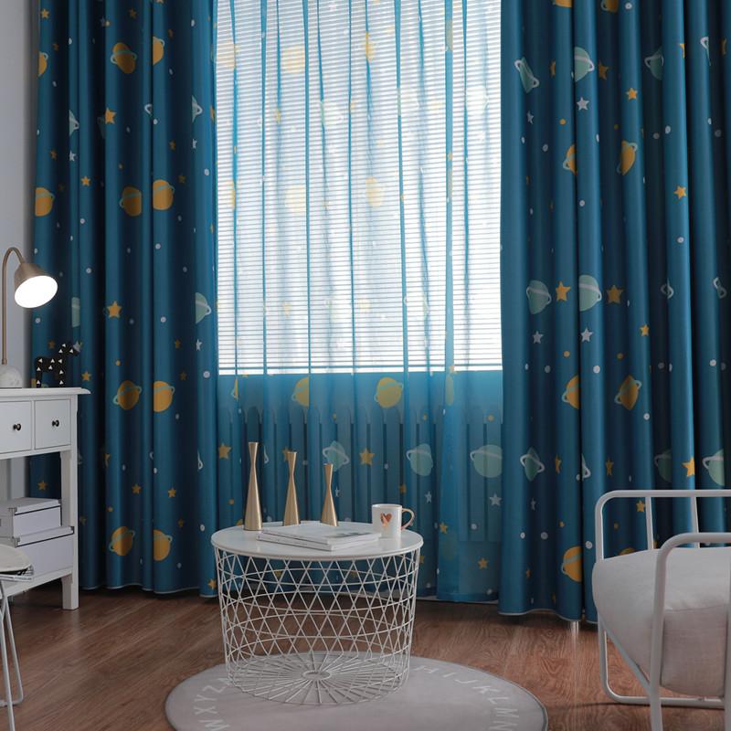 Printed Curtain Cloth, Full Blackout Cloth, Bedroom Bed Curtain, Blue Cartoon Planet Curtain Cloth