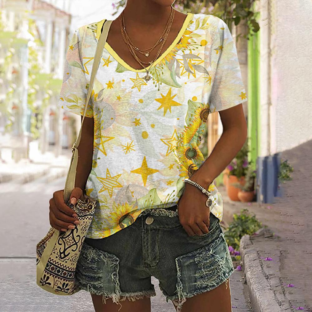 Daily Fashion V-neck Short Sleeve Tops Sunflower Patterns Printed Plus Size Loose Women's Clothing Outdoor T-Shirt