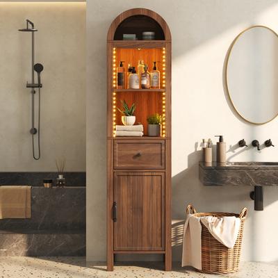 Dulap Înalt de Baie Independent, Tavan Arcuit, LED, Ușă Reversibilă, Sertar, Închidere Magnetică, Balama cu Închidere Soft-Close, 40×30×163 cm, Culoare Nuc