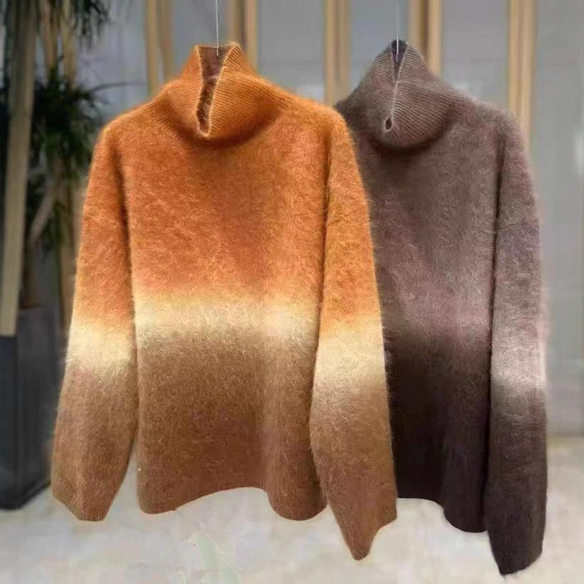 Gradient Cashmere Loose Knit Sweater - Autumn/Winter Round Neck Wool Base Layer
