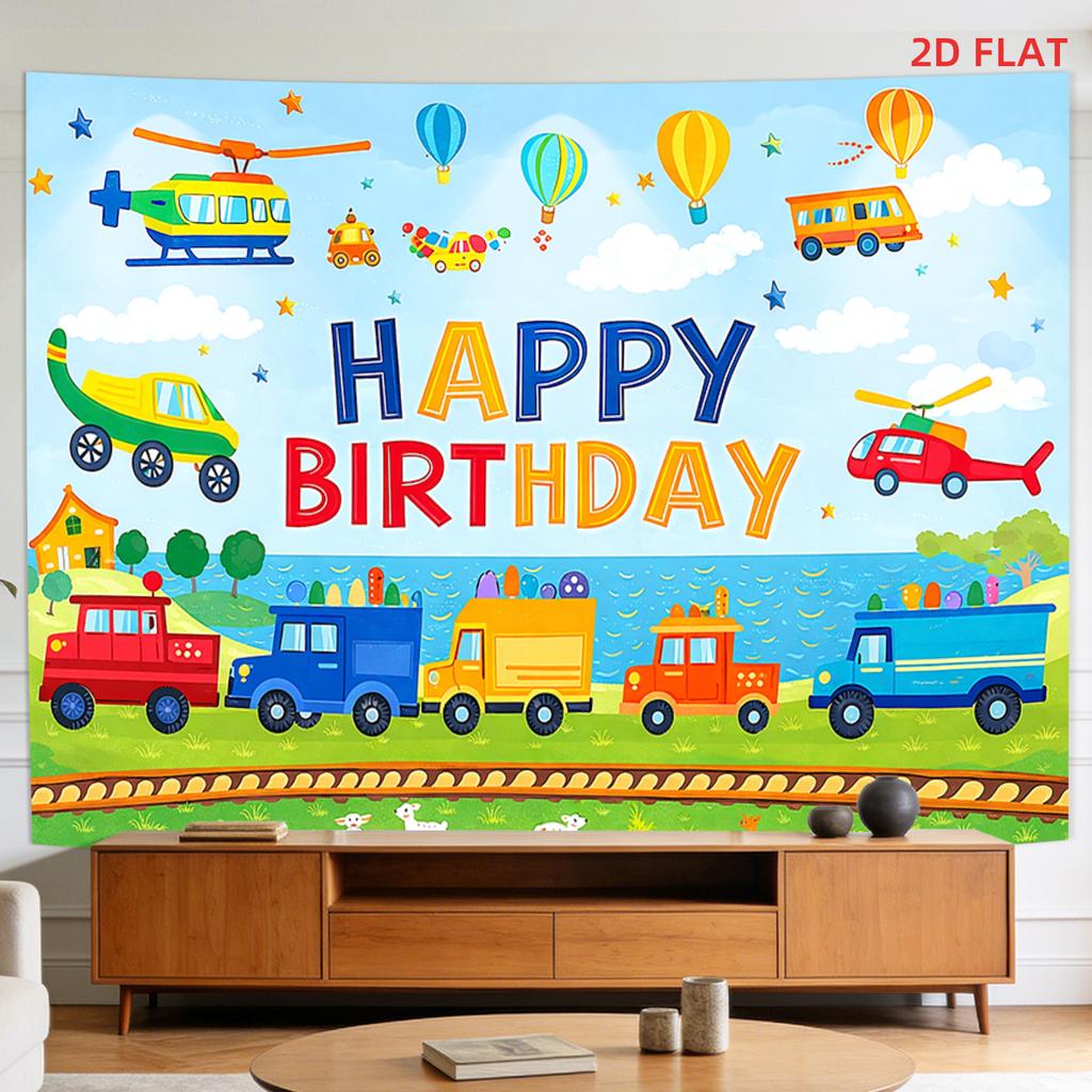 2D Flat - 2D Flat - A Tapestry Featuring a Large Or Small Design with a Birthday Theme, Including Vehicles, Balloons, Trains, And The Sky, Perfect for