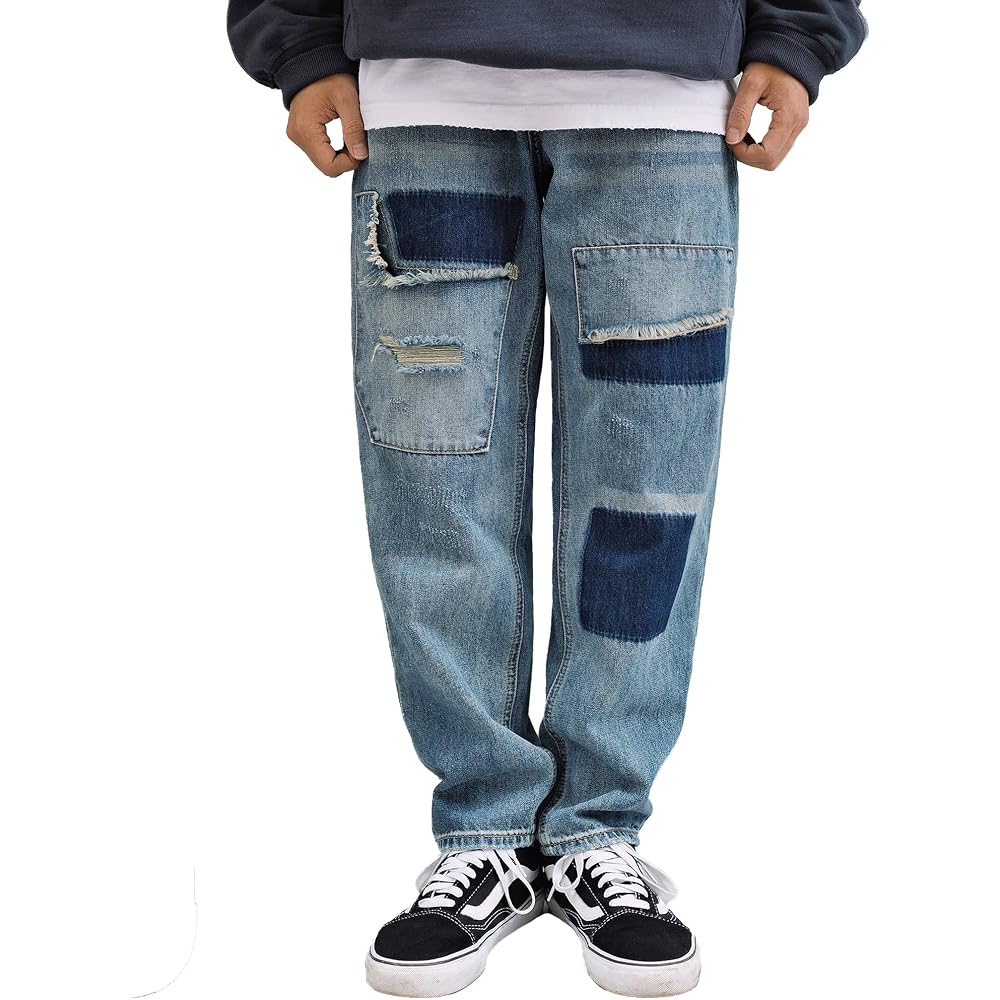 Change Well Men's Vintage Style Straight Casual Denim Pants Blue Size 28 with Distressed Design